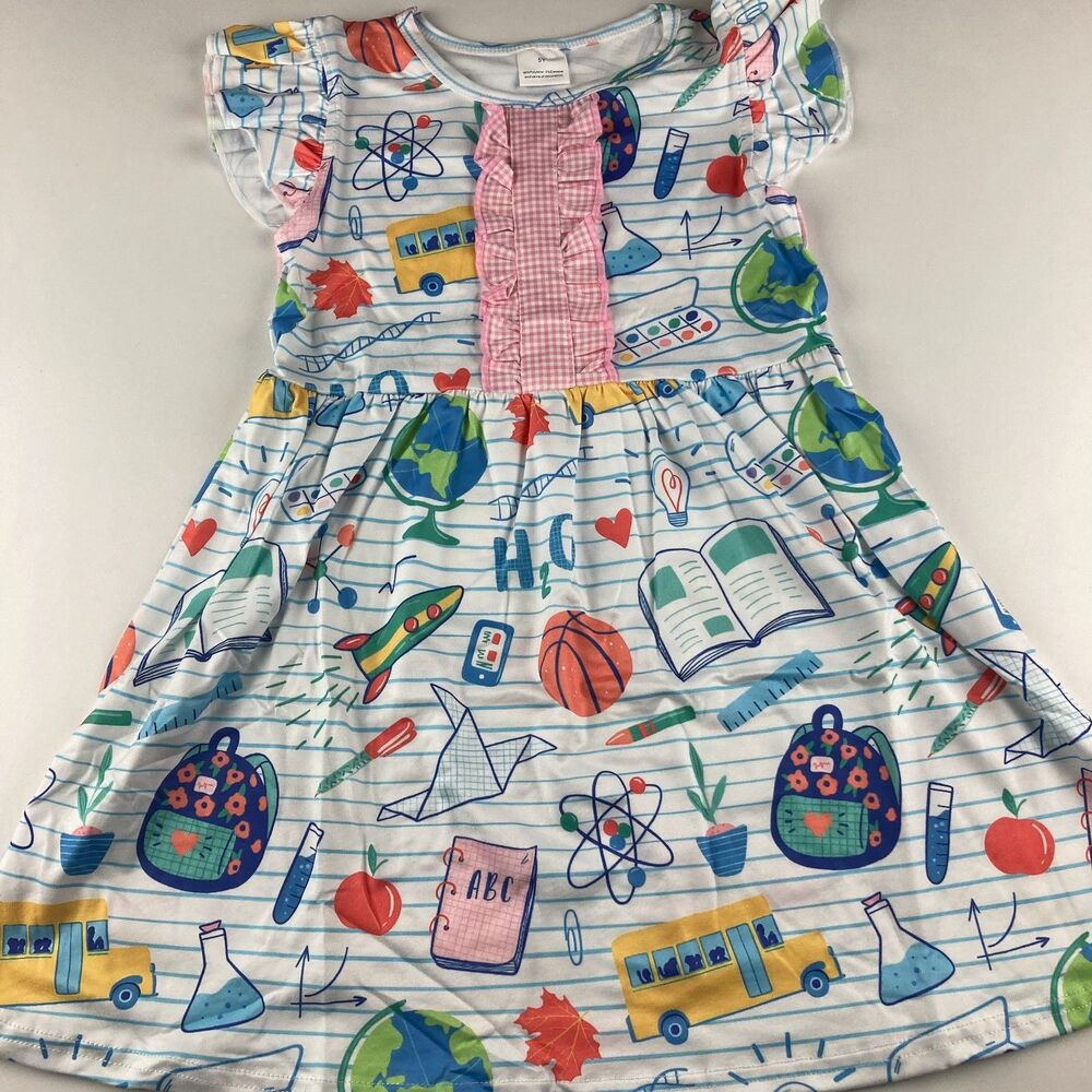Girls 5Y Back to School Dress School Bus Science Books Globe Pink Ruffle